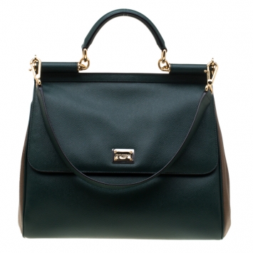 Pre Owned Dolce and Gabbana Dark Green/Brown Leather Large Miss Sicily Top Hande Bag