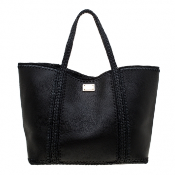 Pre Owned Dolce & Gabbana Black Leather and Raffia Miss Escape Tote