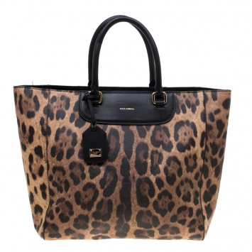 Pre Owned Dolce and Gabbana Black/Brown Leopard Print Leather Lucia Shopper Tote