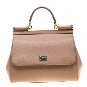 Pre Owned Dolce and Gabbana Light Brown Leather Medium Miss Sicily Top Handle Bag