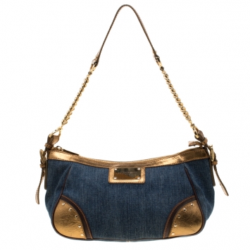 Pre Owned Dolce & Gabbana Blue/Gold Denim and Leather Shoulder Bag
