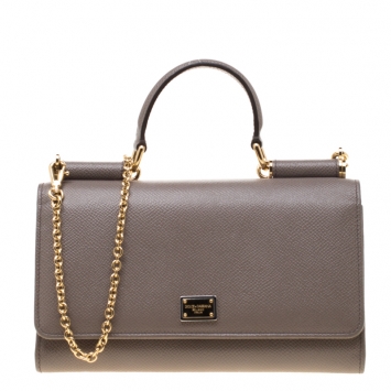 Pre Owned Dolce and Gabbana Grey Leather Sicily Wallet on Chain 