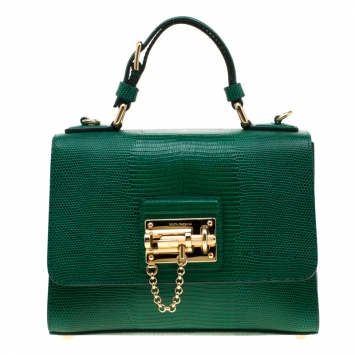 Pre Owned Dolce and Gabbana Green Lizard Embossed Leather Small Miss Monica Top Handle Bag