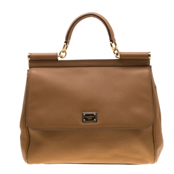 Pre Owned Dolce and Gabbana Brown Leather Large Miss Sicily Tote