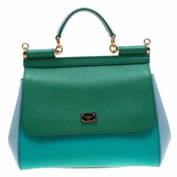 Pre Owned Dolce and Gabbana Green/Light Blue Leather Medium Miss Sicily Top Handle Bag