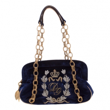 Pre Owned Dolce & Gabbana Royal Blue Embroidered Velvet Frame Shoulder Bag 