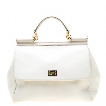 Pre Owned Dolce and Gabbana Off White Leather Large Miss Sicily Tote