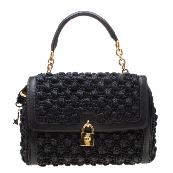 Pre Owned Dolce and Gabbana Black Raffia and Leather Padlock Tote