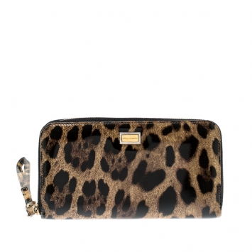Pre Owned Dolce and Gabbana Leopard Print Patent Leather Zip Around Wallet