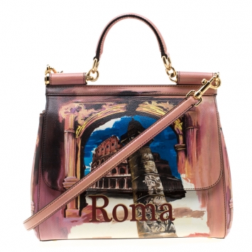 Pre Owned Dolce and Gabbana Multicolor Rome Printed Leather Medium Miss Sicily Top Handle Bag
