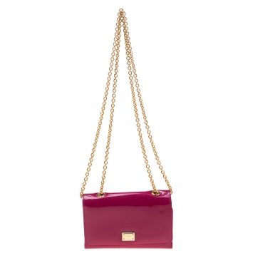Pre Owned Dolce and Gabbana Dark Pink Patent Leather Wallet On Chain