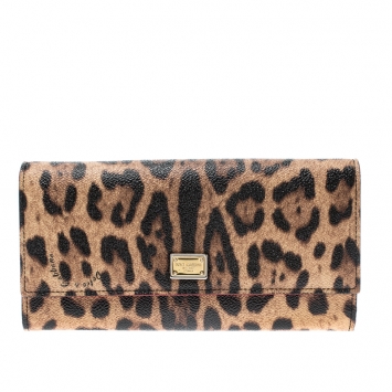 Pre Owned Dolce and Gabbana Beige Leopard Print Leather Continental Wallet