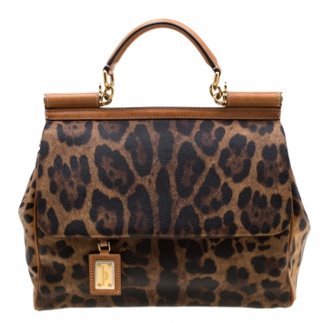 Pre Owned Dolce and Gabbana Tan Leopard Print Coated Canvas Large Miss Sicily Top Handle Bag