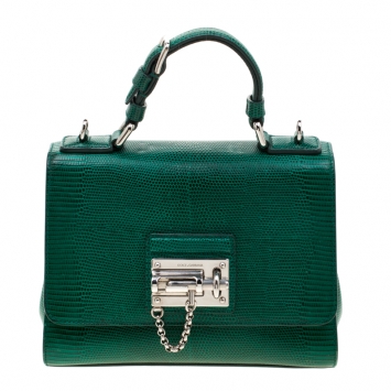 Pre Owned Dolce and Gabbana Green Lizard Embossed Leather Small Miss Monica Top Handle Bag