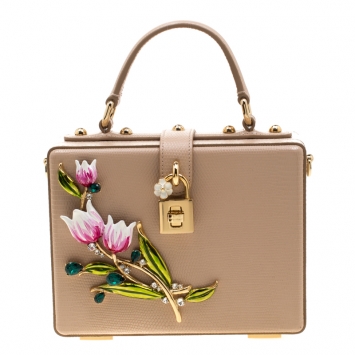 Pre Owned Dolce and Gabbana Beige Lizard Embossed Leather Tulip Embellished Box Bag