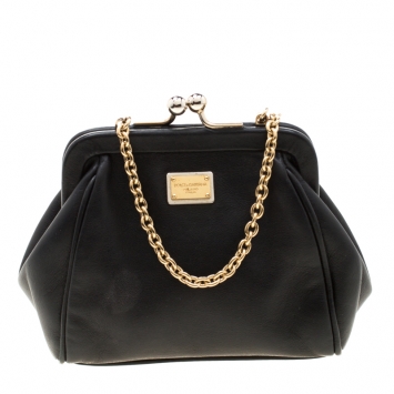 Pre Owned Dolce and Gabana Black Leather Kiss Lock Frame Chain Clutch