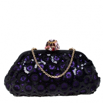 Pre Owned Dolce and Gabbana Black/Purple Sequin Embellished Satin Frame Chain Clutch