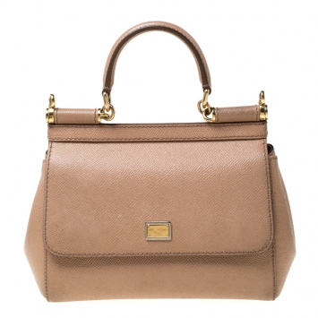 Pre Owned Dolce and Gabbana Beige Leather Small Miss Sicily Tote 