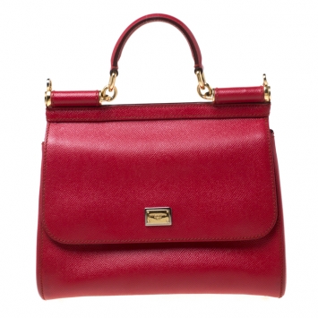 Pre Owned Dolce and Gabbana Red Leather Medium Miss Sicily Top Handle