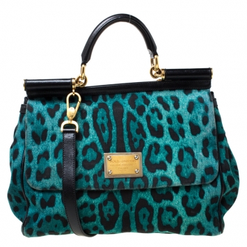 Pre Owned Dolce and Gabbana Green Leopard Print Fabric Medium Miss Sicily Top Handle Bag         
