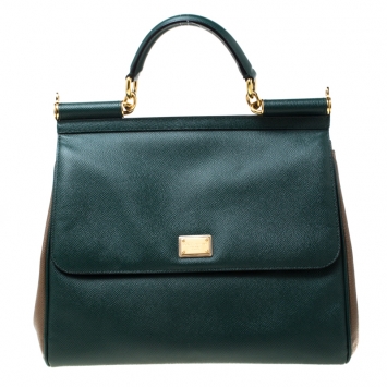 Pre Owned Dolce and Gabbana Green/Brown Leather Large Miss Sicily Top Handle Bag