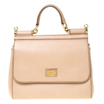 Pre Owned Dolce and Gabbana Beige Leather Medium Miss Sicily Top Handle Bag