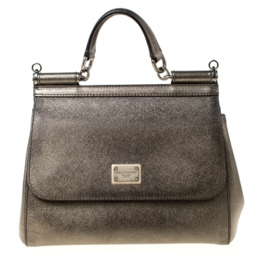 Pre Owned Dolce and Gabbana Olive Green Metallic Leather Medium Miss Sicily Top Handle Bag
