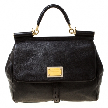 Pre Owned Dolce and Gabbana Dark Brown Leather Large Miss Sicily Top Handle Bag