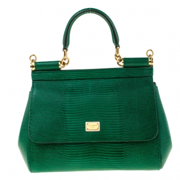 Pre Owned Dolce and Gabbana Green Lizard Embossed Leather Small Miss Sicily Top Handle Bag