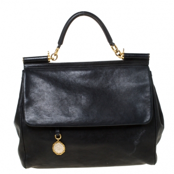 Pre Owned Dolce and Gabbana Black Leather XL Miss Sicily Top Handle Bag