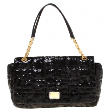 Pre Owned Dolce and Gabbana Black Sequins and Python Miss Kate Shoulder Bag