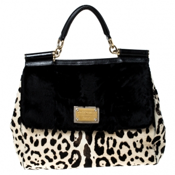 Pre Owned Dolce and Gabbana Black/White Leopard Print and Calf Hair Miss Sicily Top Handle Bag