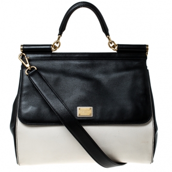 Pre Owned Dolce and Gabbana White/Black Leather Large Miss Sicily Top Handle Bag