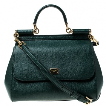 Pre Owned Dolce and Gabbana Green Leather Medium Miss Sicily Top Handle Bag