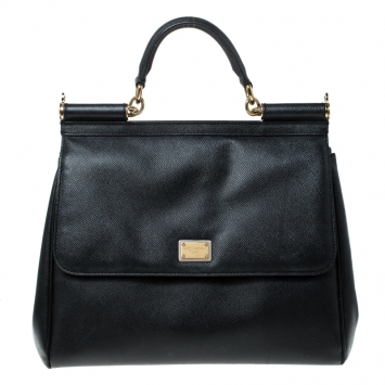Pre Owned Dolce and Gabbana Black Leather Large Miss Sicily Top Handle Bag