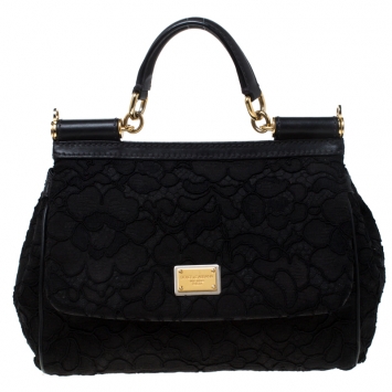 Pre Owned Dolce and Gabbana Black Lace Medium Miss Sicily Top Handle Bag