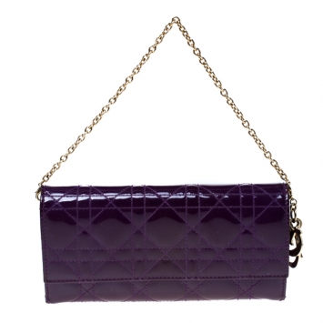 Pre Owned Dior Purple Cannage Patent Leather Lady Dior Wallet on Chain