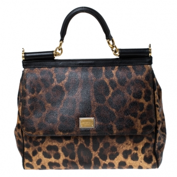 Pre Owned Dolce and Gabbana Leopard Print Leather Large Miss Sicily Top Handle Bag