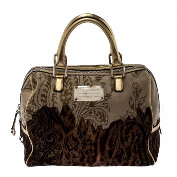 Pre Owned Dolce and Gabbana Brown/Gold Printed Velvet and Patent Leather Satchel