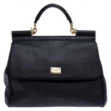 Pre Owned Dolce and Gabbana Black Dauphine Leather Large Miss Sicily Top Handle Bag
