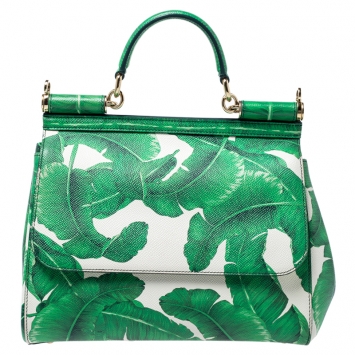Pre Owned Dolce & Gabbana Banana Leaf Print Leather Medium Miss Sicily Tote