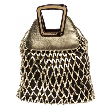 Pre Owned Dolce and Gabbana Gold Cage Leather and Canvas Cut Out Top Handle Bag