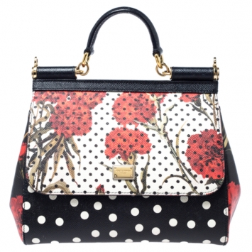 Pre Owned Dolce and Gabbana Multicolor Poka Dots Floral Leather Medium Miss Sicily Tote