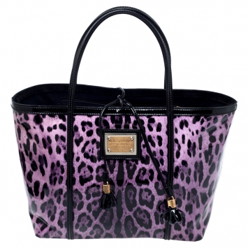 Pre Owned Dolce & Gabbana Black/Lavander Leopard Print Patent Leather Miss Escape Tote