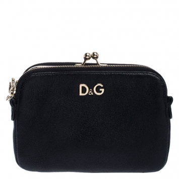 Pre Owned Dolce & Gabbana Black Leather Small Lily Twist Kiss Lock Clutch