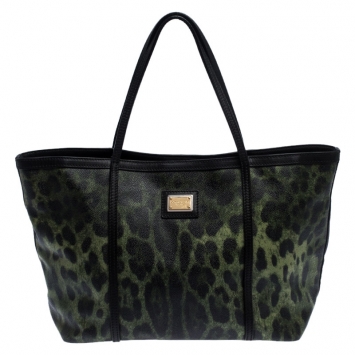 Pre Owned Dolce and Gabbana Green/Black Leopard Print Coated Canvas Tote