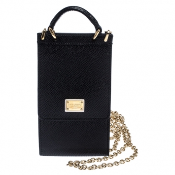 Pre Owned Dolce and Gabbana Black Leather Miss Sicily Phone Holder Crossbody Bag