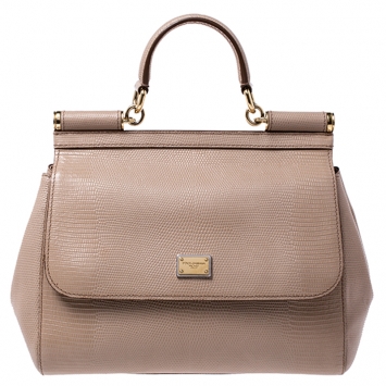 Pre Owned Dolce and Gabbana Beige Lizard Embossed Leather Medium Miss Sicily Top Handle Bag
