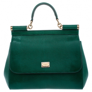 Pre Owned Dolce and Gabbana Green Lizard Embossed Leather Medium Miss Sicily Top Handle Bag