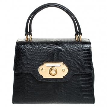 Pre Owned Dolce and Gabbana Black Lizard Embossed Leather Welcome Top Handle Bag
